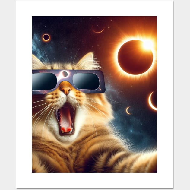 cat taking a selfie with solar 2024 eclipse wearing Glasses Wall Art by HBart